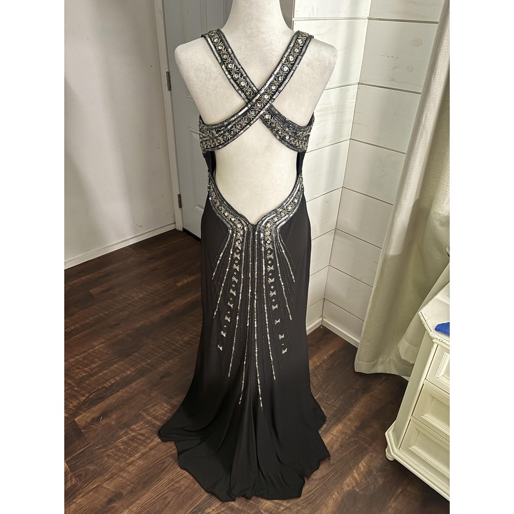 Niki Livas Dress Womens 12 Black Beaded Sequin‎ Maxi Evening Gown Babydoll Y2K